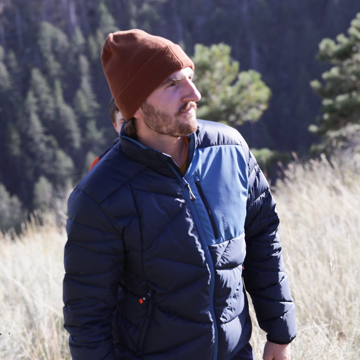 A man wearing a brown knit Tellus beanie and a navy blue Byers Peak Jacket with a lighter blue yoke, standing outdoors in a grassy field with trees in the background.