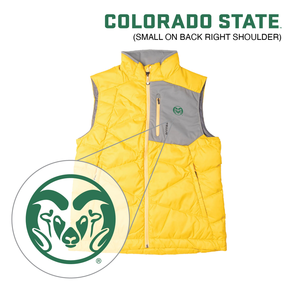 A yellow and gray quilted puffer vest with green CSU logo.
