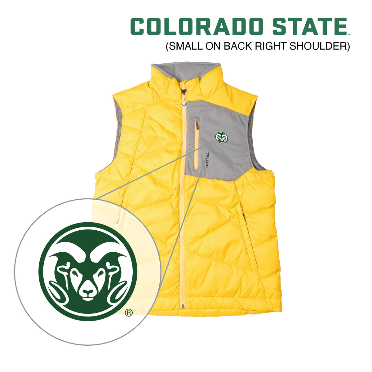 A yellow and gray quilted puffer vest with green CSU logo.