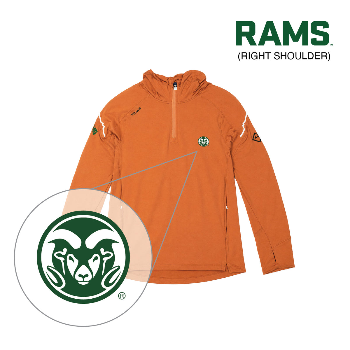 Orange Horsetooth Performance Hoodie Quarter Zip with green CSU Ram logo highlight