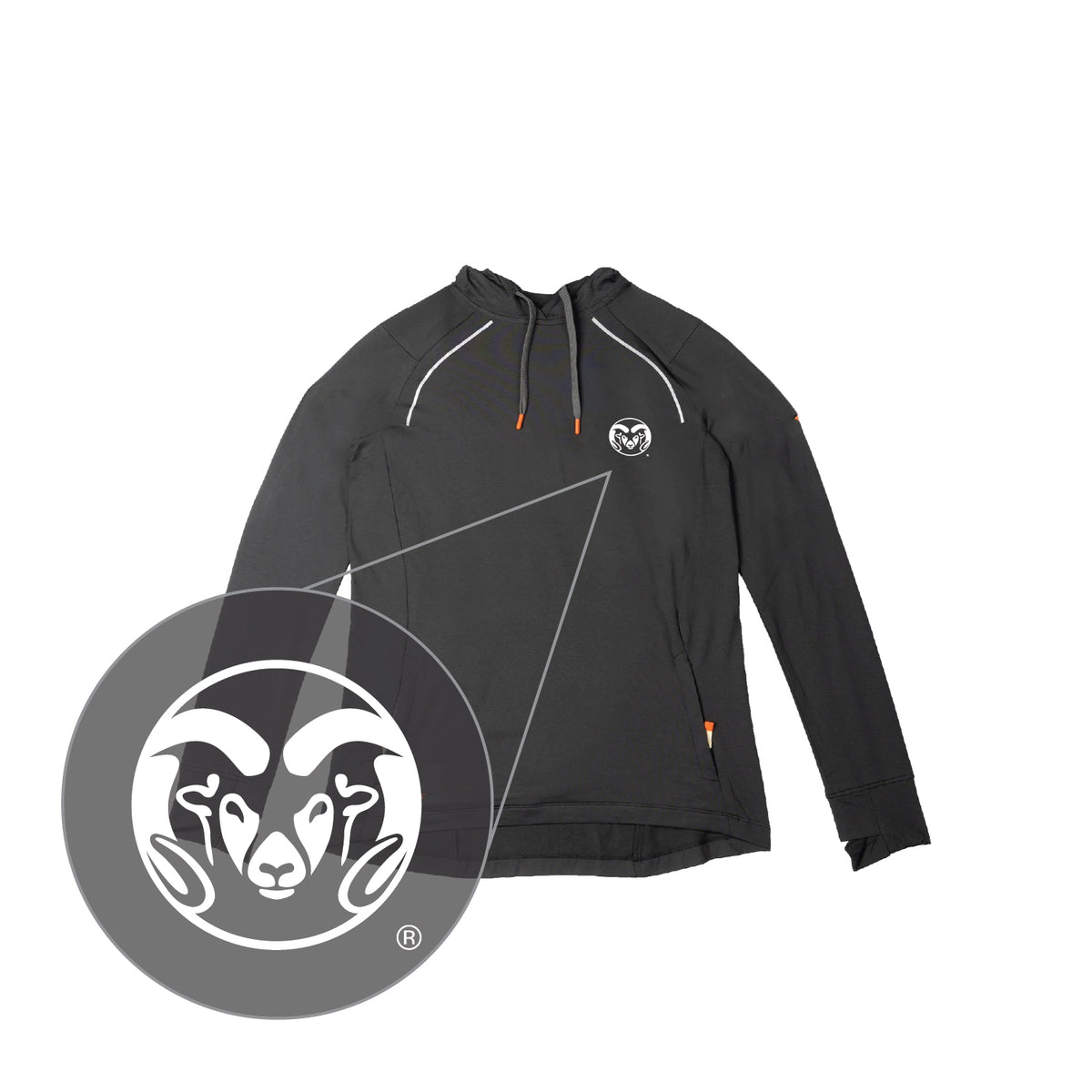 A dark gray hooded long-sleeve athletic pullover hoodie with white drawstring accents and a green CSU Ram logo on the left chest.