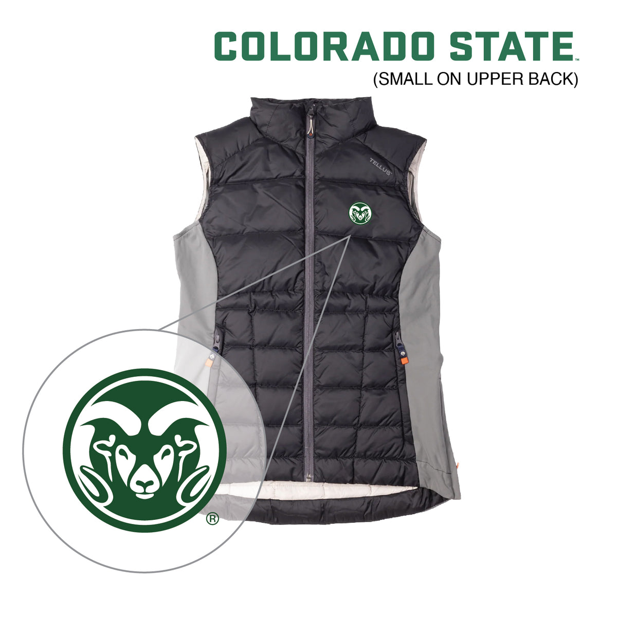A sleeveless dark gray quilted puffer vest with light gray side panels and a green CSU Ram logo.