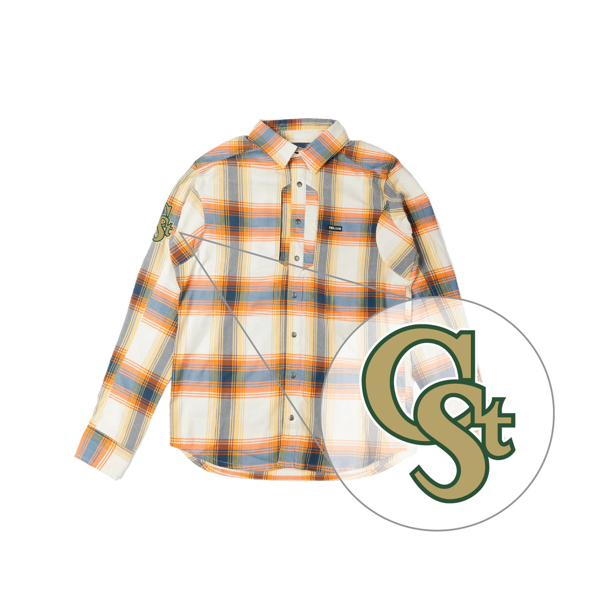 A long-sleeve plaid button-up shirt in cream, orange and blue-gray, shown on a white background with a circular inset highlighting the CSU logo.