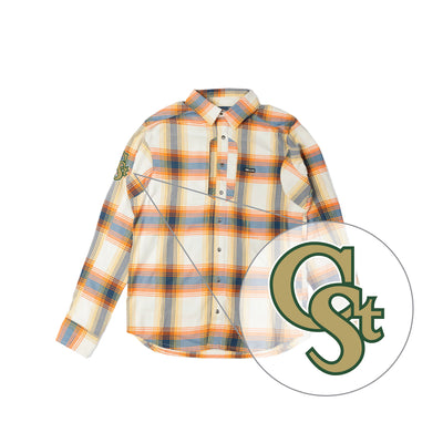 A long-sleeve plaid button-up shirt in cream, orange and blue-gray, shown on a white background with a circular inset highlighting the CSU logo.