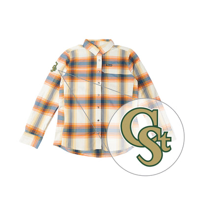 A long-sleeve button-up plaid shirt with a cream, orange and blue pattern, featuring a circular graphic overlay of a green and gold 'CSU' monogram logo.