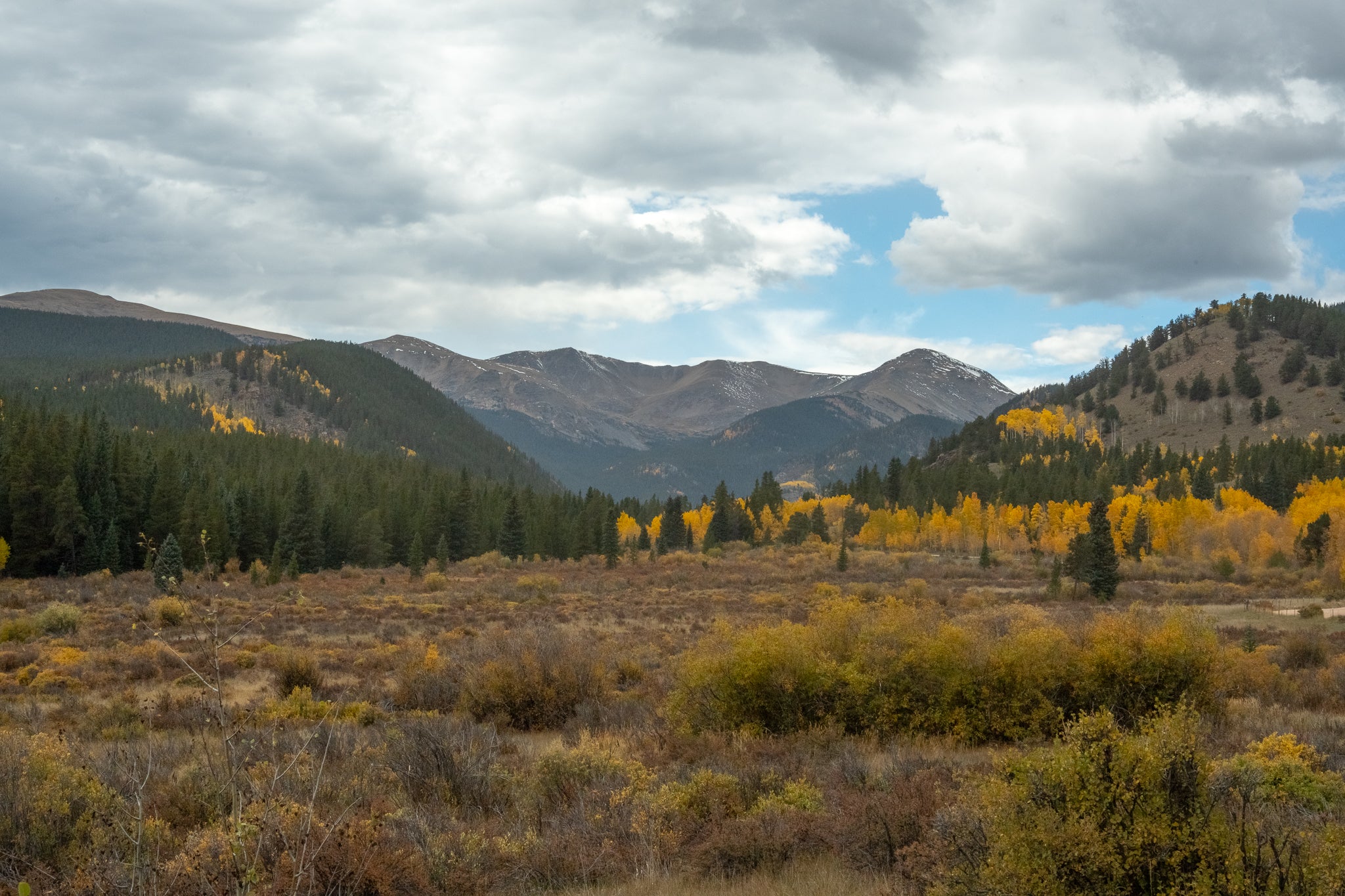 Scenic landscape with mountains, trees, and a cloudy sky