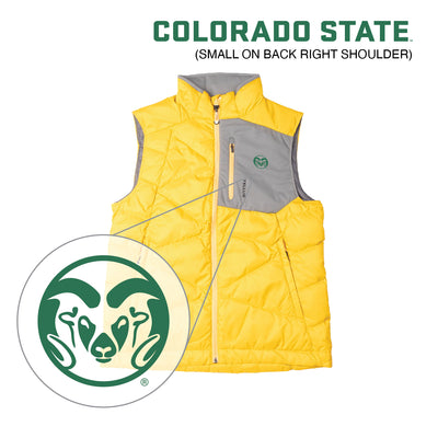 A yellow and gray quilted puffer vest with green CSU logo.