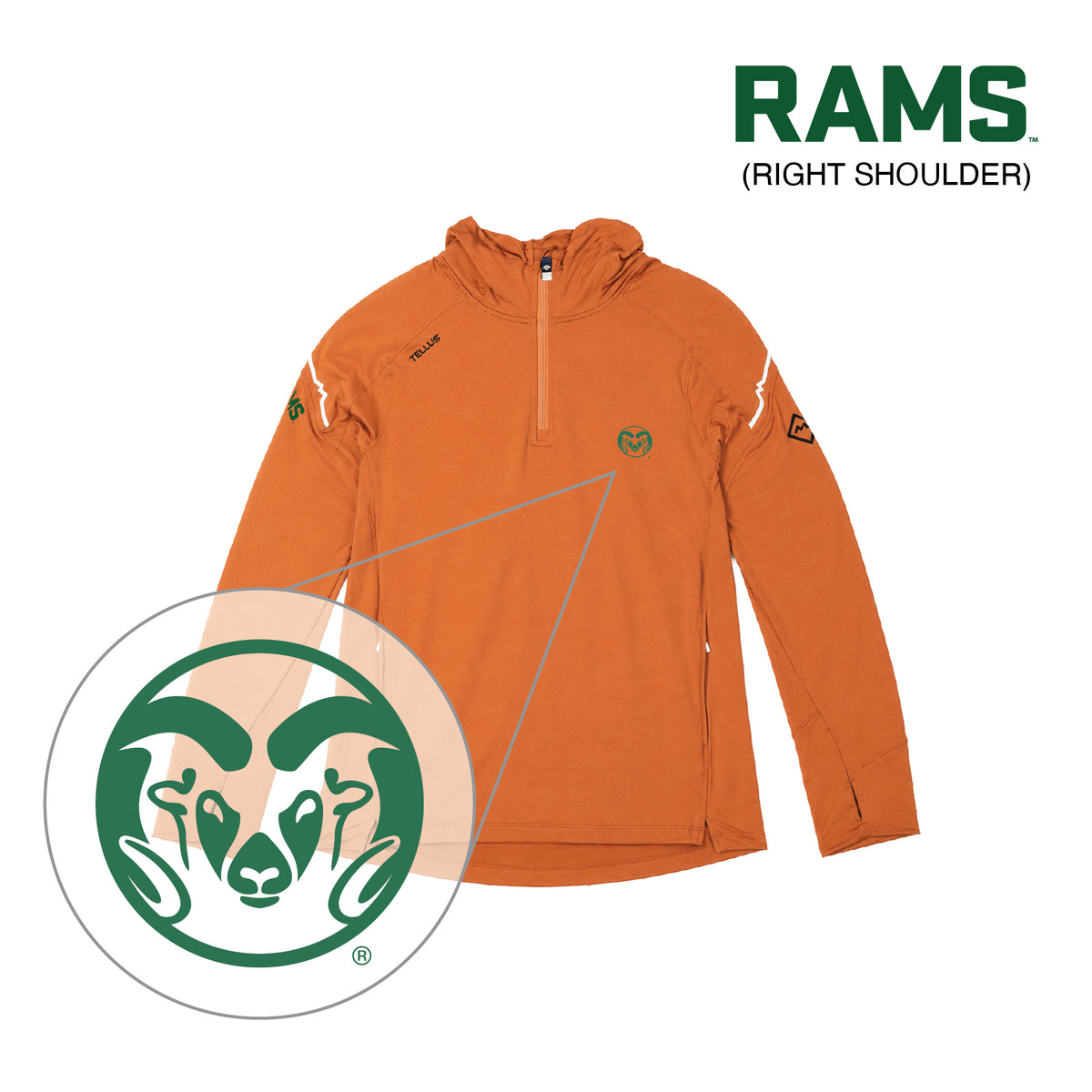 Orange Horsetooth Performance Hoodie Quarter Zip with green CSU Ram logo highlight