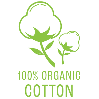 Green graphic icon of two cotton bolls above the text '100% ORGANIC COTTON' on a white background.