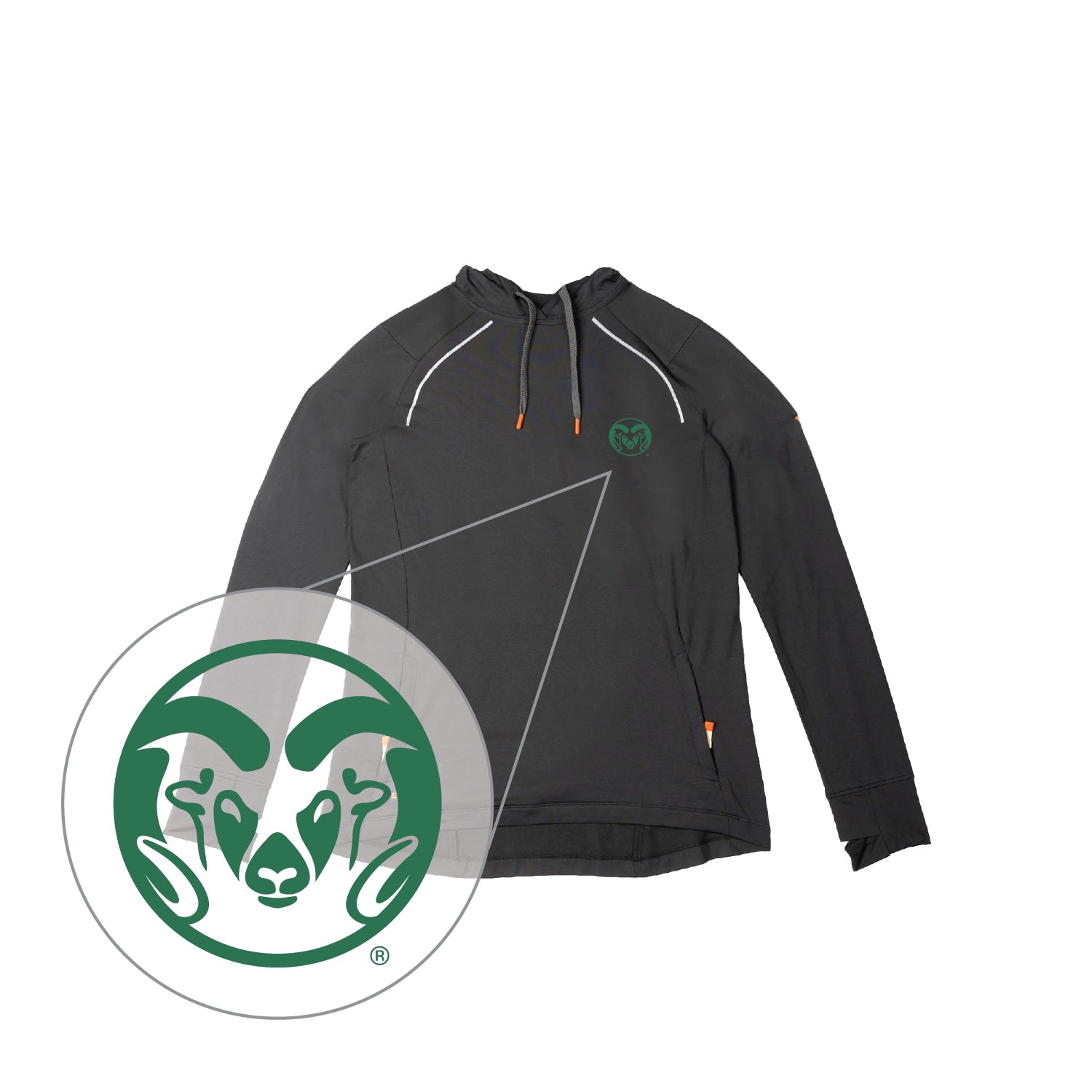 A dark gray hooded long-sleeve athletic pullover hoodie with white drawstring accents and a green CSU Ram logo on the left chest.