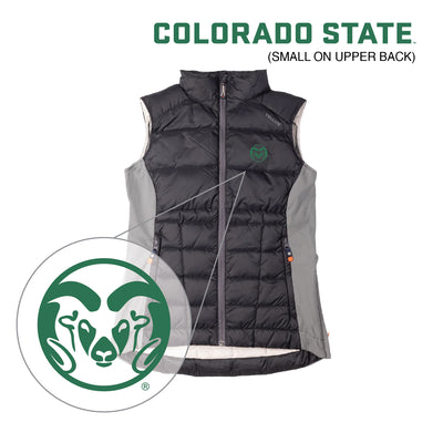 A sleeveless dark gray quilted puffer vest with light gray side panels and a green CSU Ram logo.